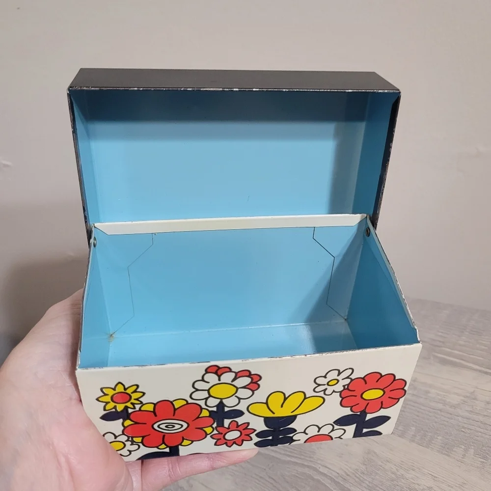 Vintage 70s Original Ohio Art Groovy Floral Print Recipe Card File Box